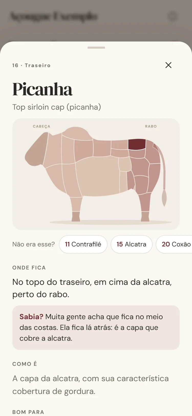 Ficha da picanha no celular: a posição dela no boi, onde fica e para que preparo serve.